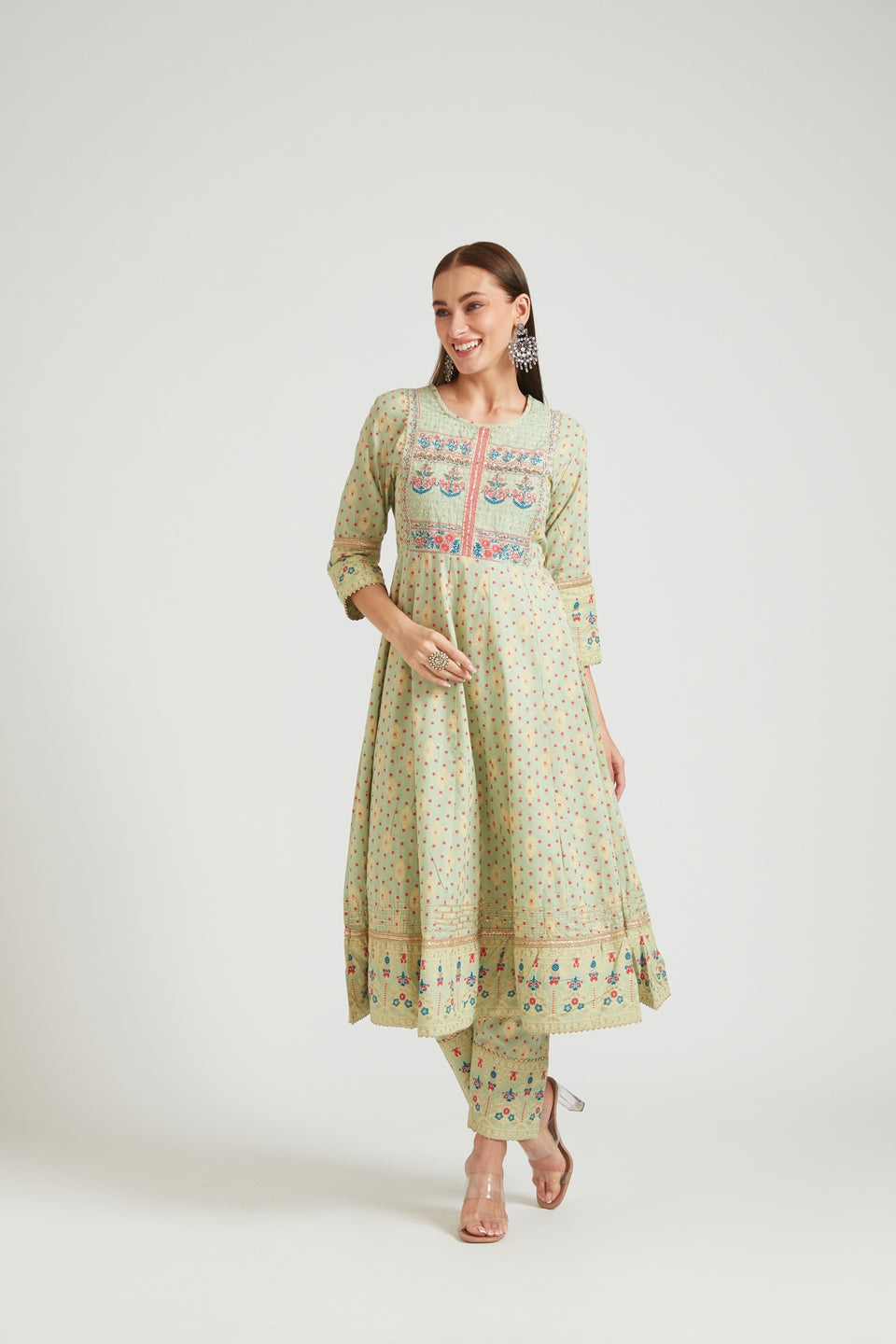 Neerus Green embroidered panelled kurta suit set - side view