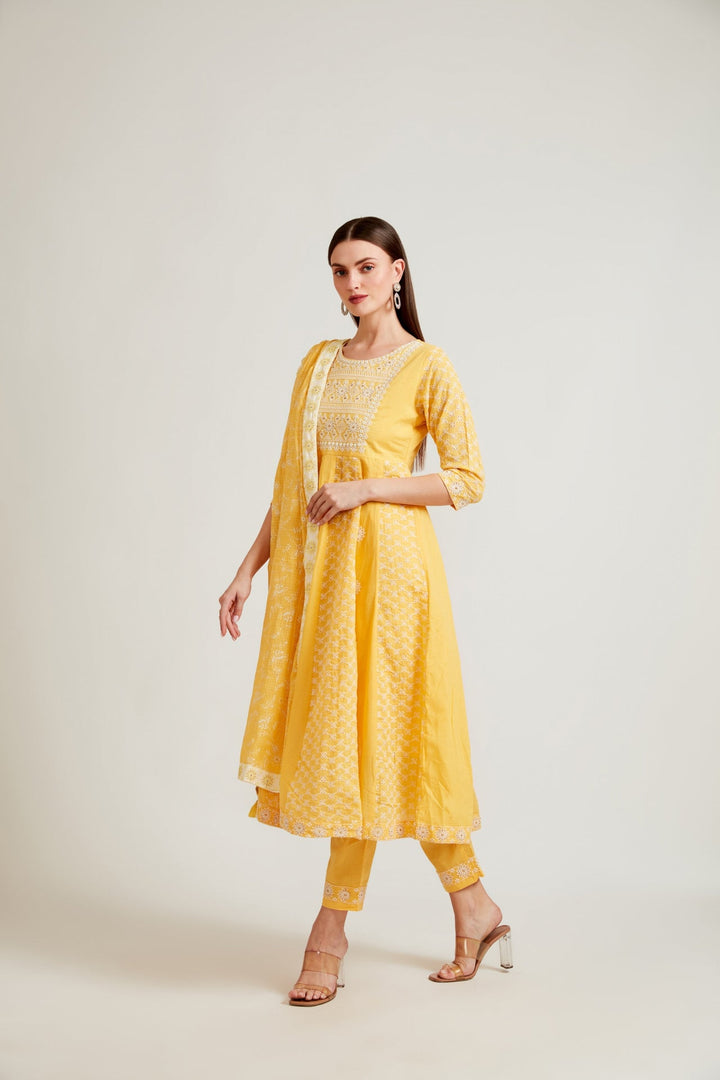 Neerus Yellow rayon hand embroidered suit set - back view