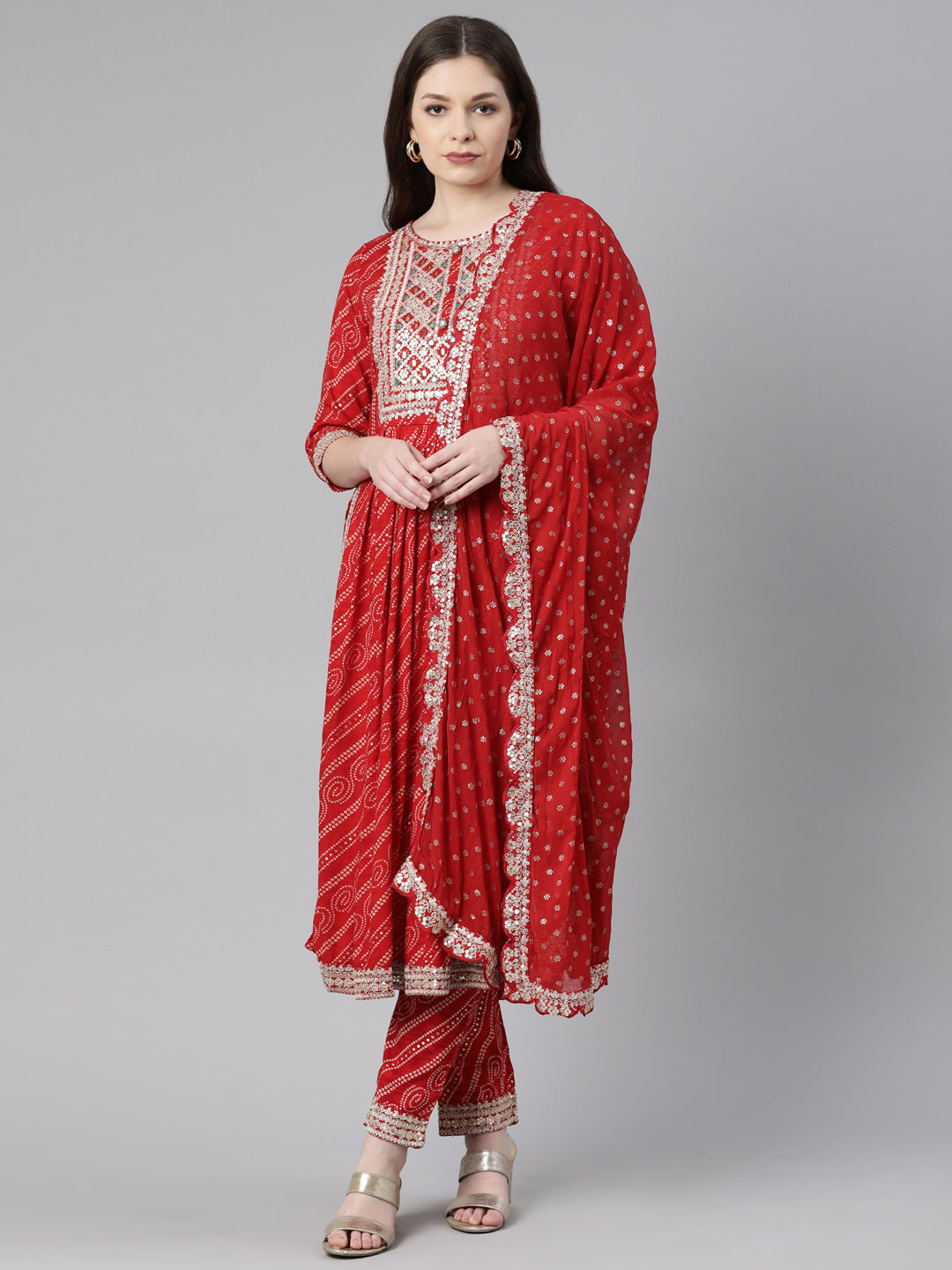 Neerus Red printed kurta set with trouser and dupatta - front view