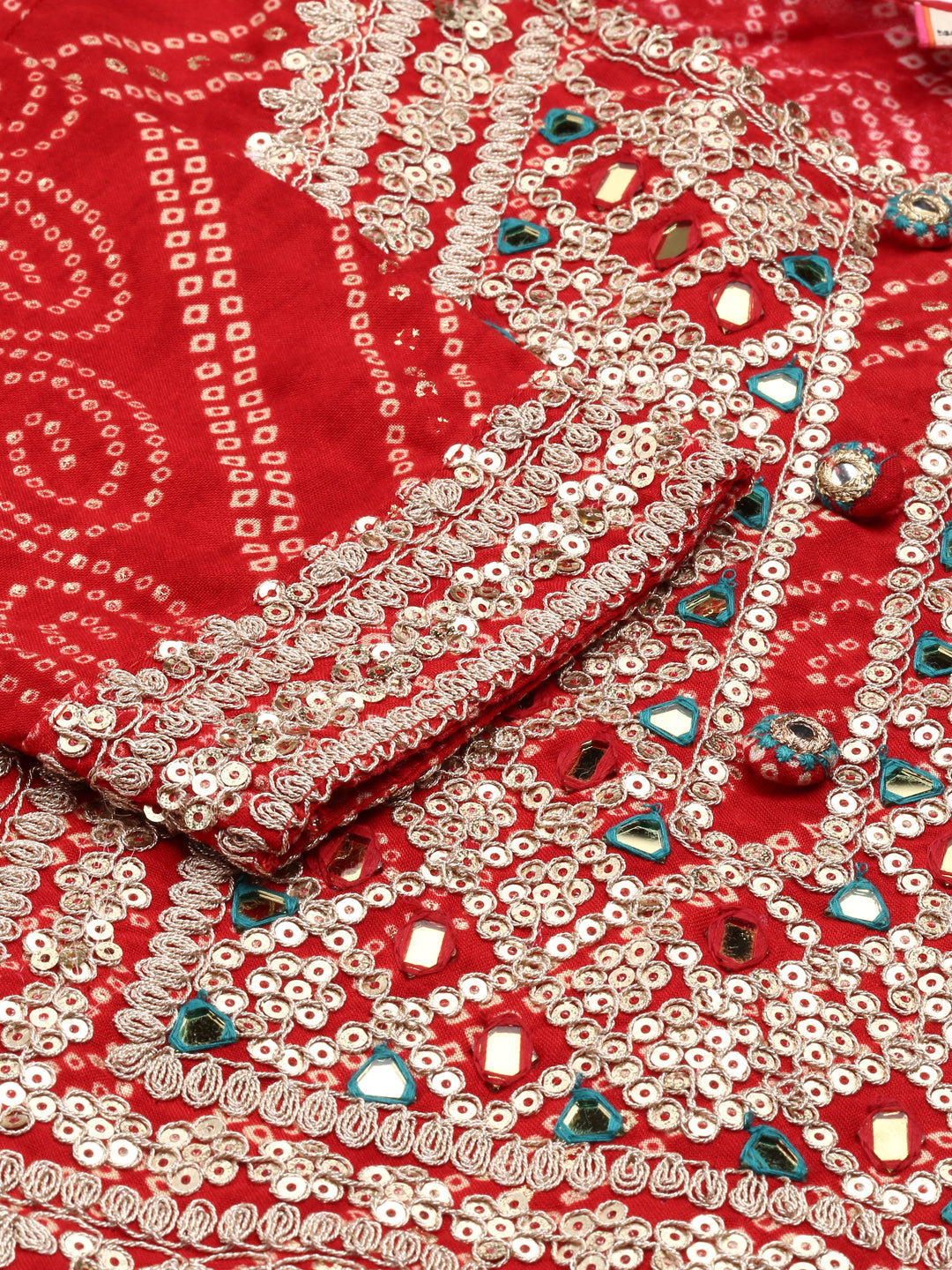 Neerus Red printed kurta set with trouser and dupatta - detail view 1