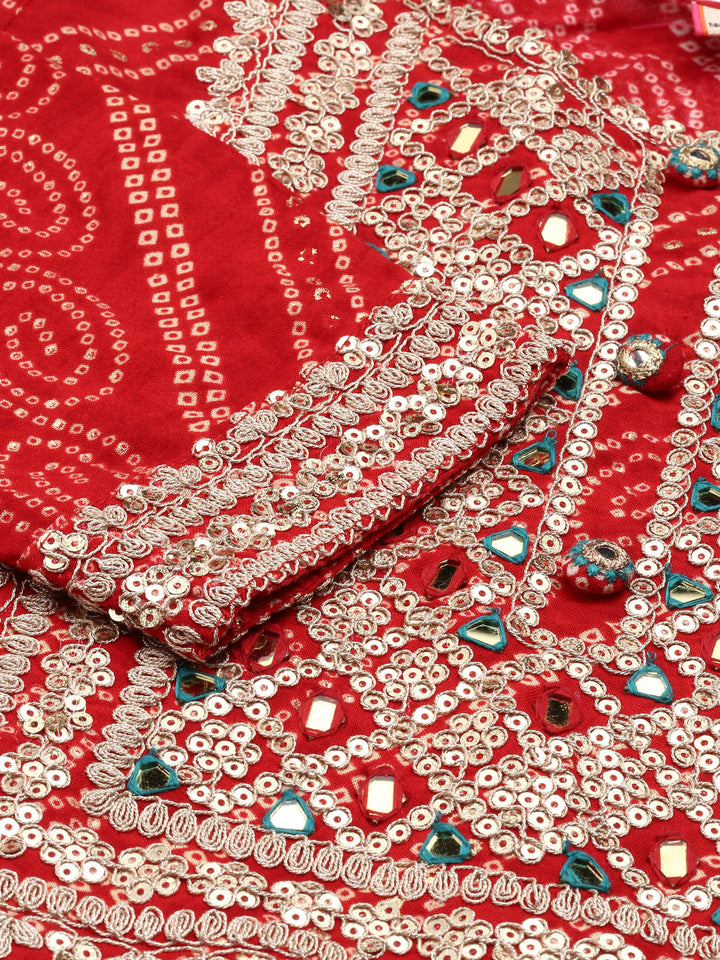 Neerus Red printed kurta set with trouser and dupatta - detail view 1
