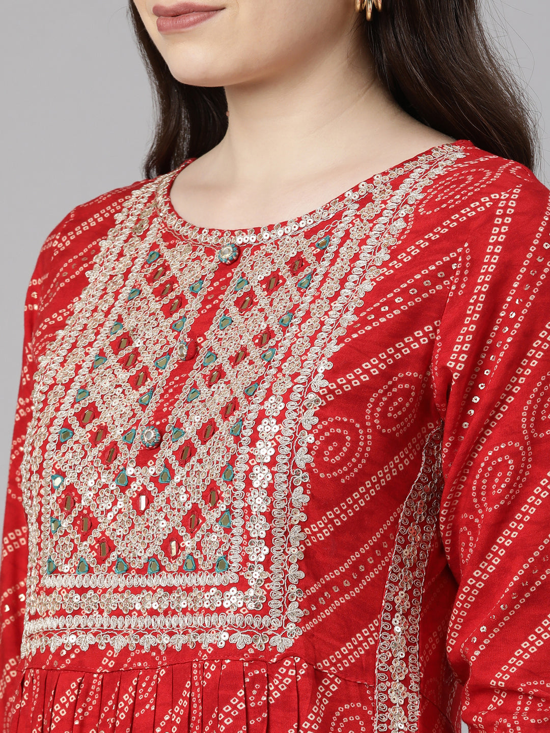 Neerus Red printed kurta set with trouser and dupatta - detail view 2