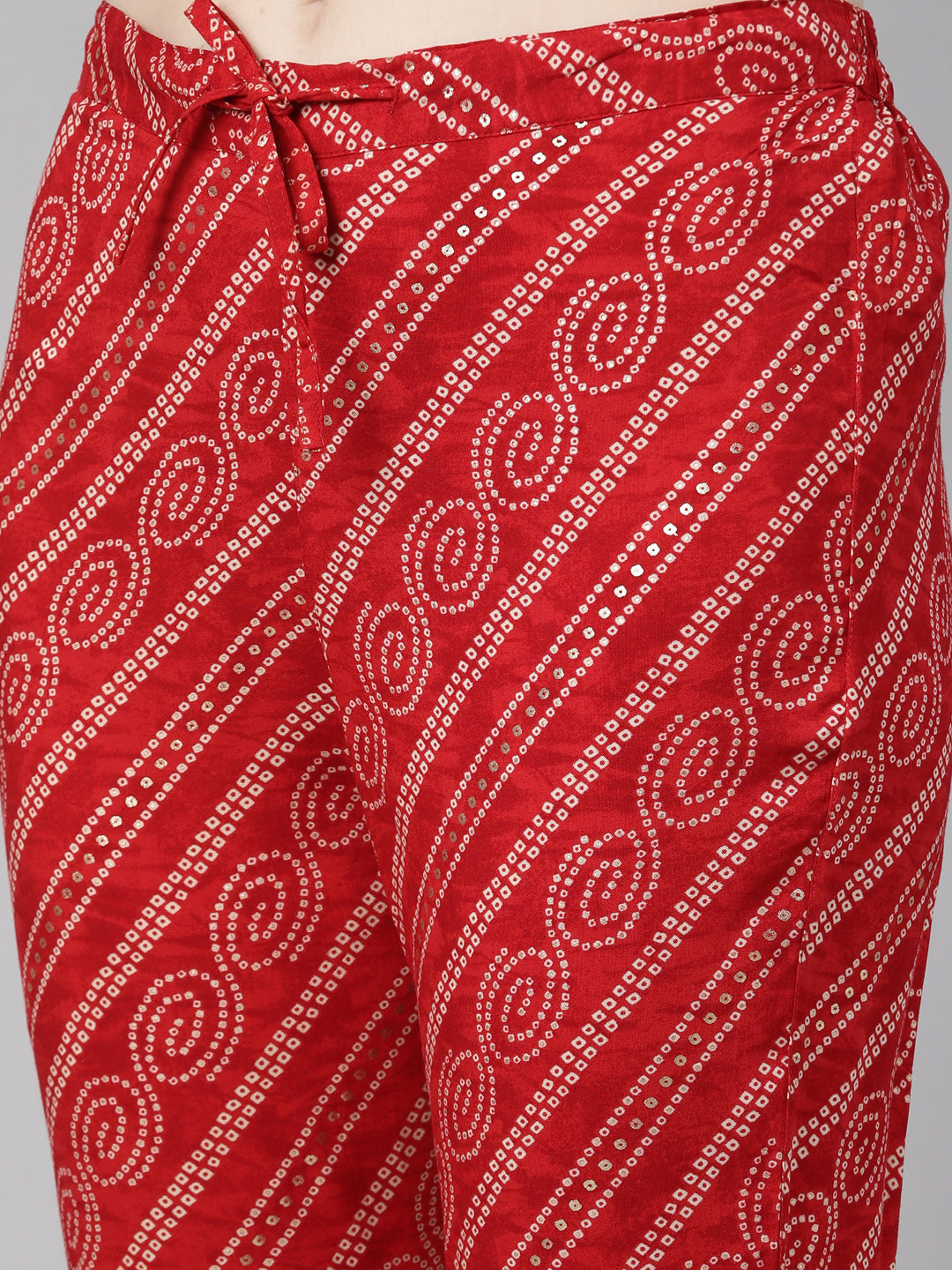 Neerus Red printed kurta set with trouser and dupatta - detail view 3