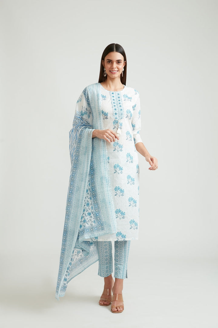 Neerus White floral printed kurta suit set with trousers and dupatta - front view