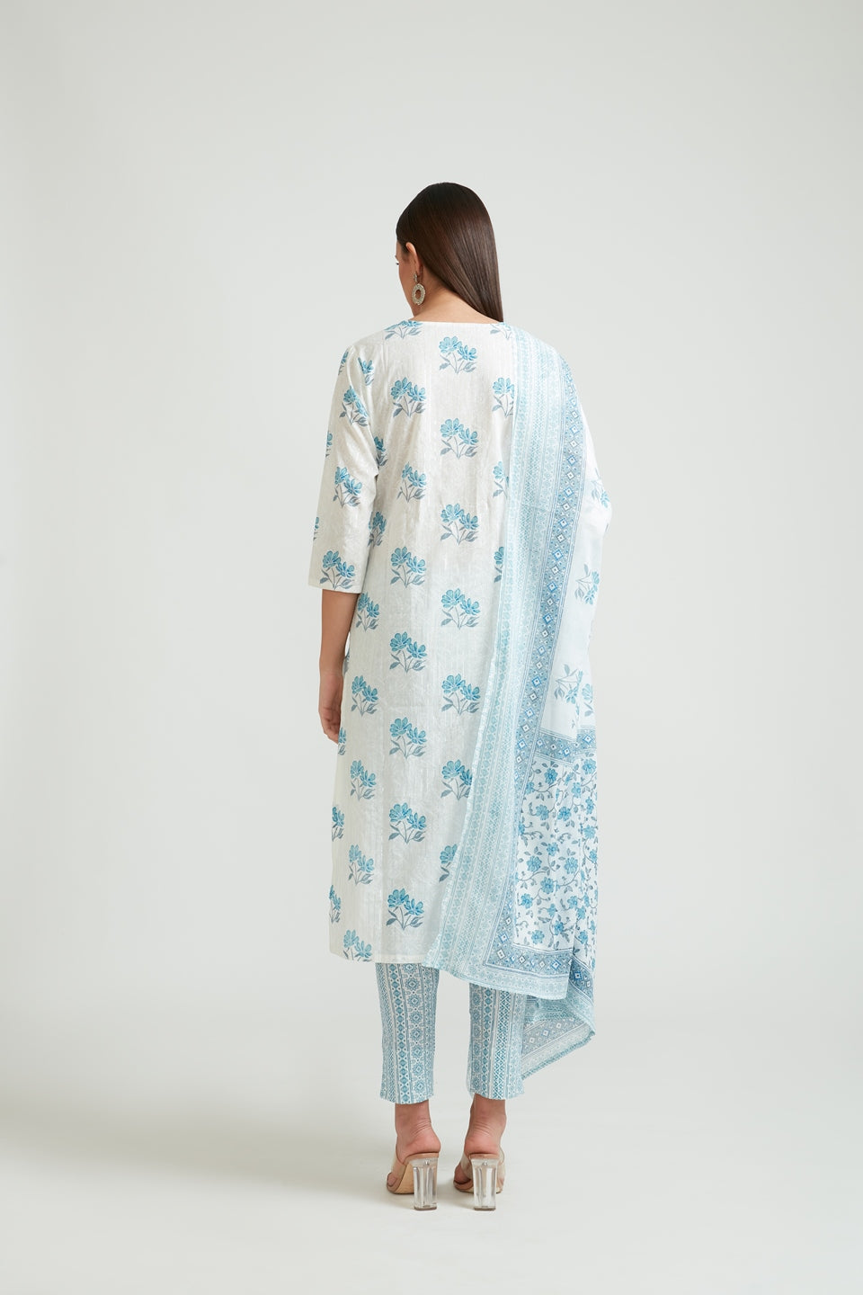 Neerus White floral printed kurta suit set with trousers and dupatta - side view