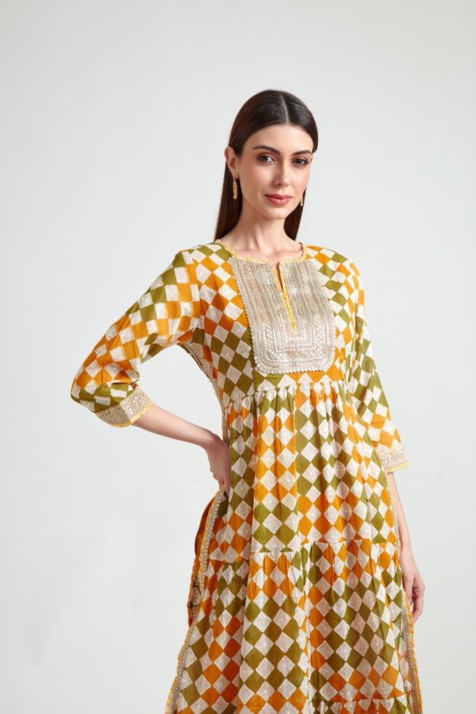 Neerus Yellow printed suit set with trouser and dupatta - back view