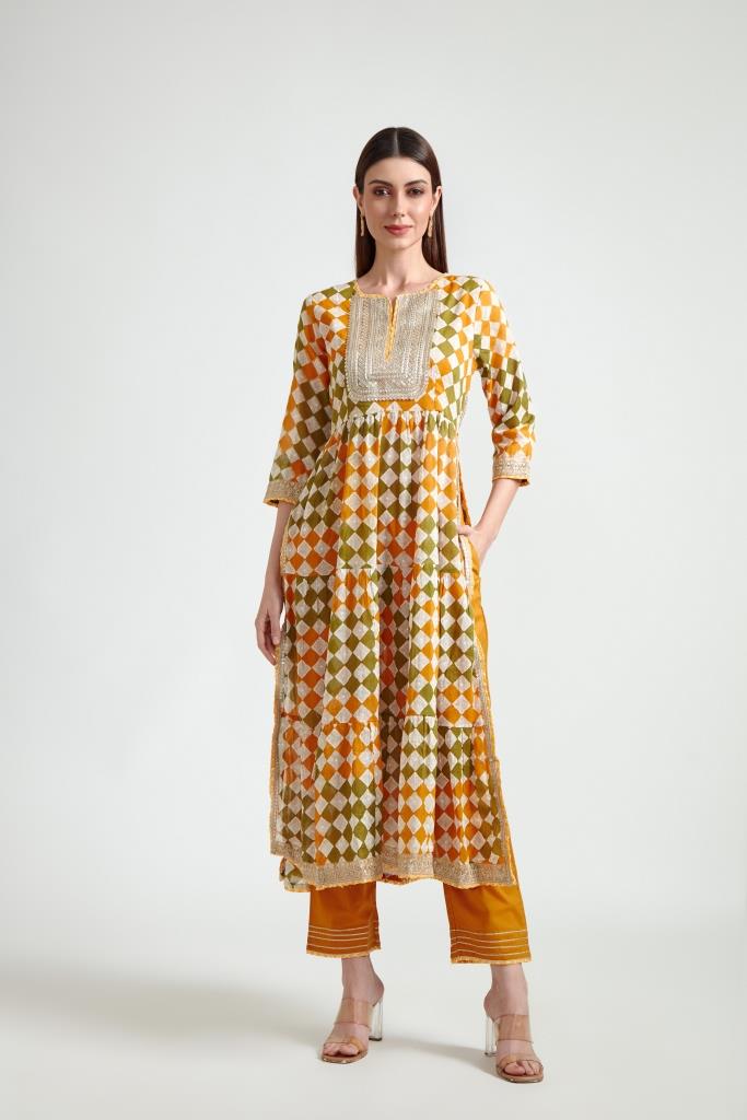 Neerus Yellow printed suit set with trouser and dupatta - detail view 2