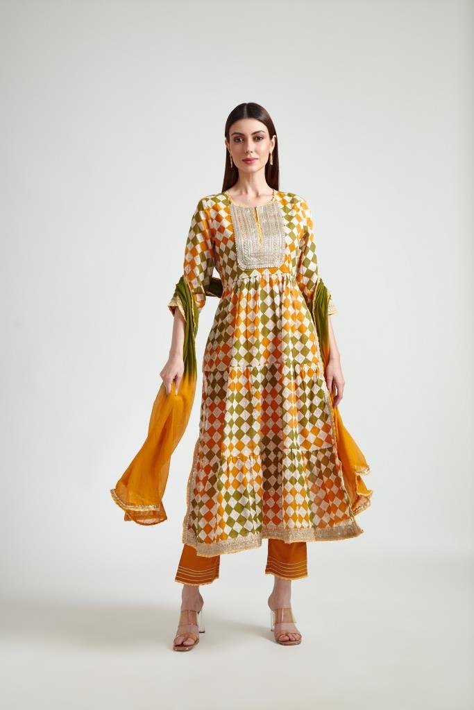 Neerus Yellow printed suit set with trouser and dupatta - front view