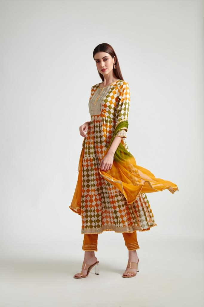 Neerus Yellow printed suit set with trouser and dupatta - side view