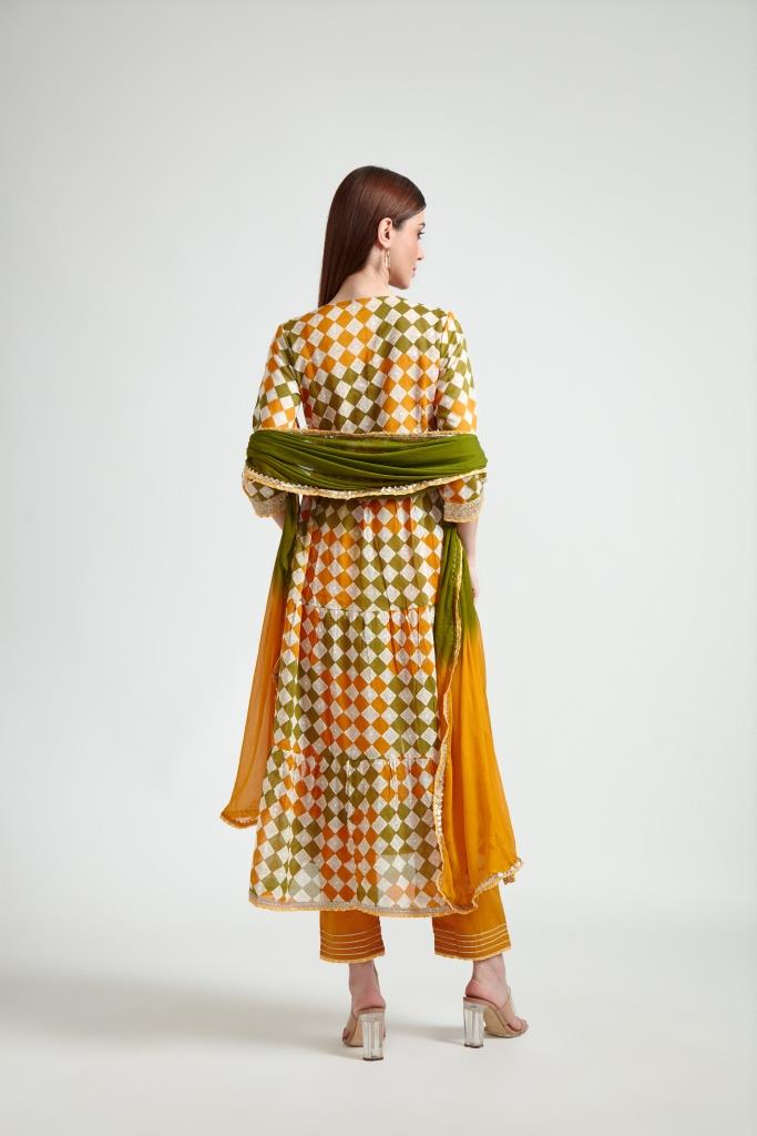Neerus Yellow printed suit set with trouser and dupatta - detail view 1