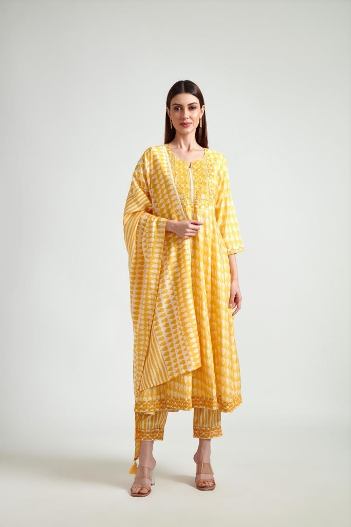 Neerus Yellow printed straight suit set kurta with trouser and dupatta - front view