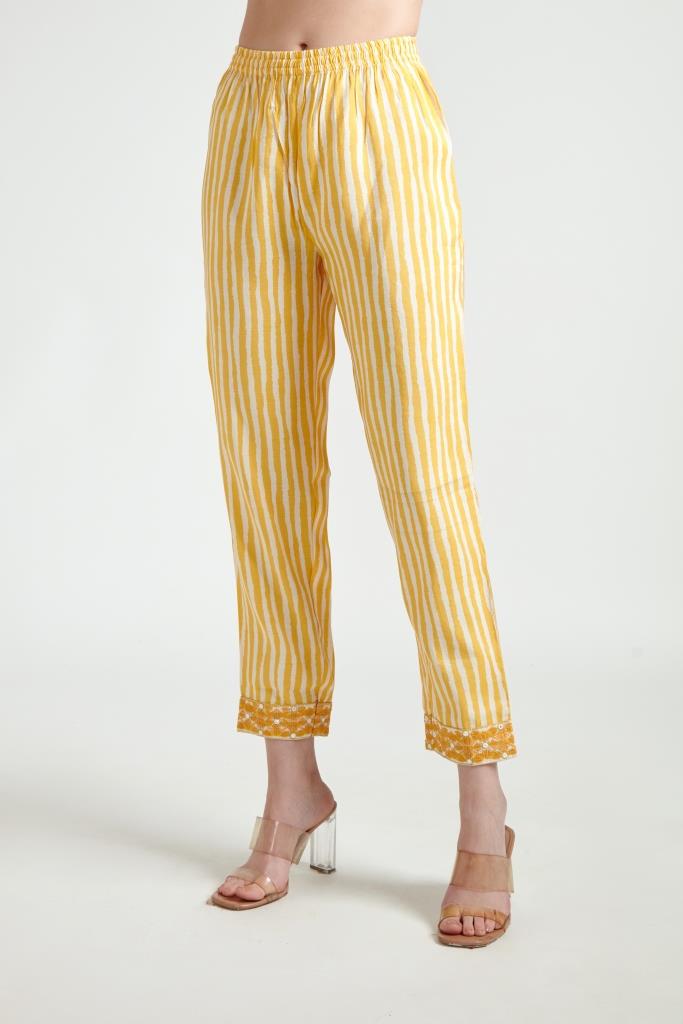 Neerus Yellow printed straight suit set kurta with trouser and dupatta - detail view 2