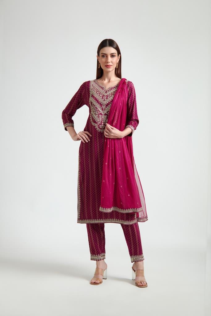 Neerus Maroon georgette printed suit set - front view