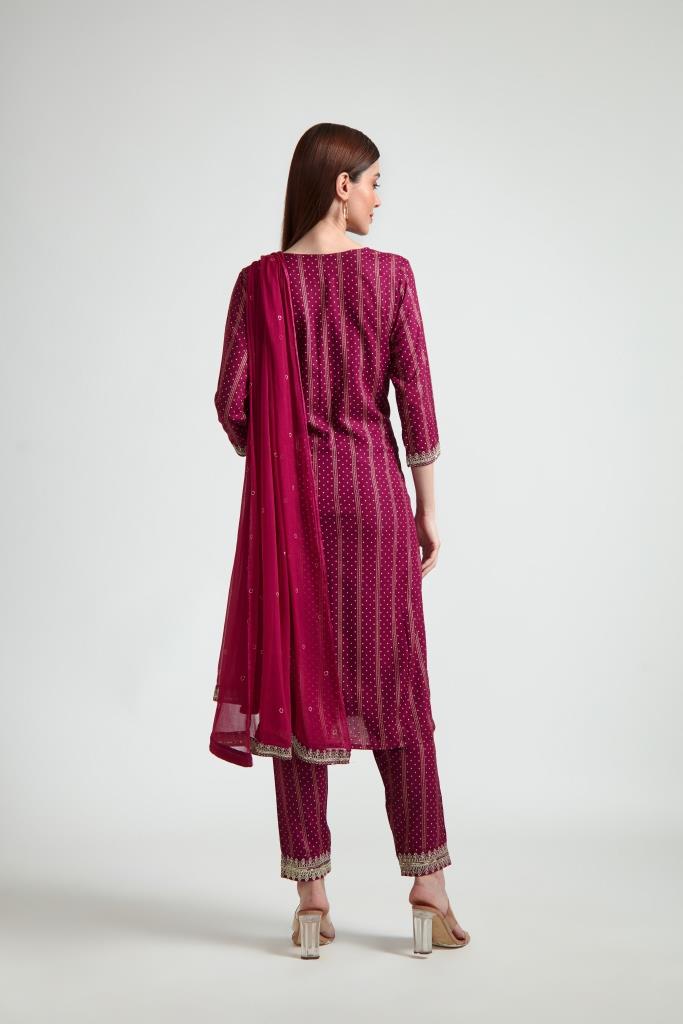 Neerus Maroon georgette printed suit set - side view