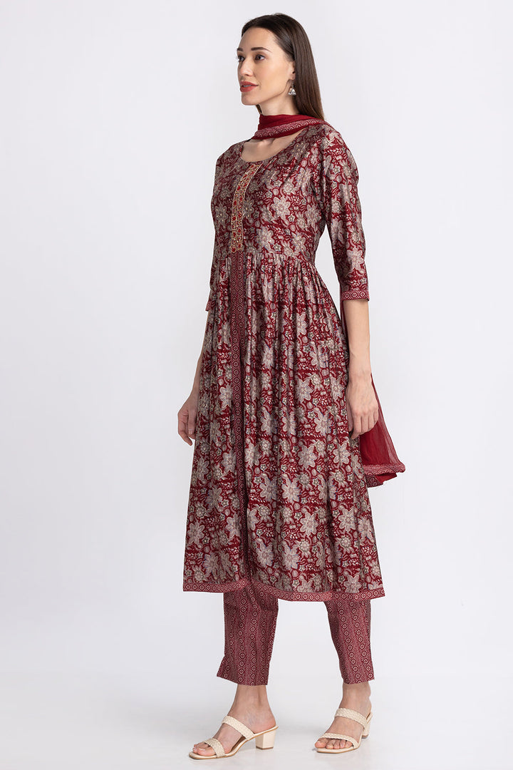 Neerus Embroidered A-Line kurta suit set with trousers and dupatta - side view