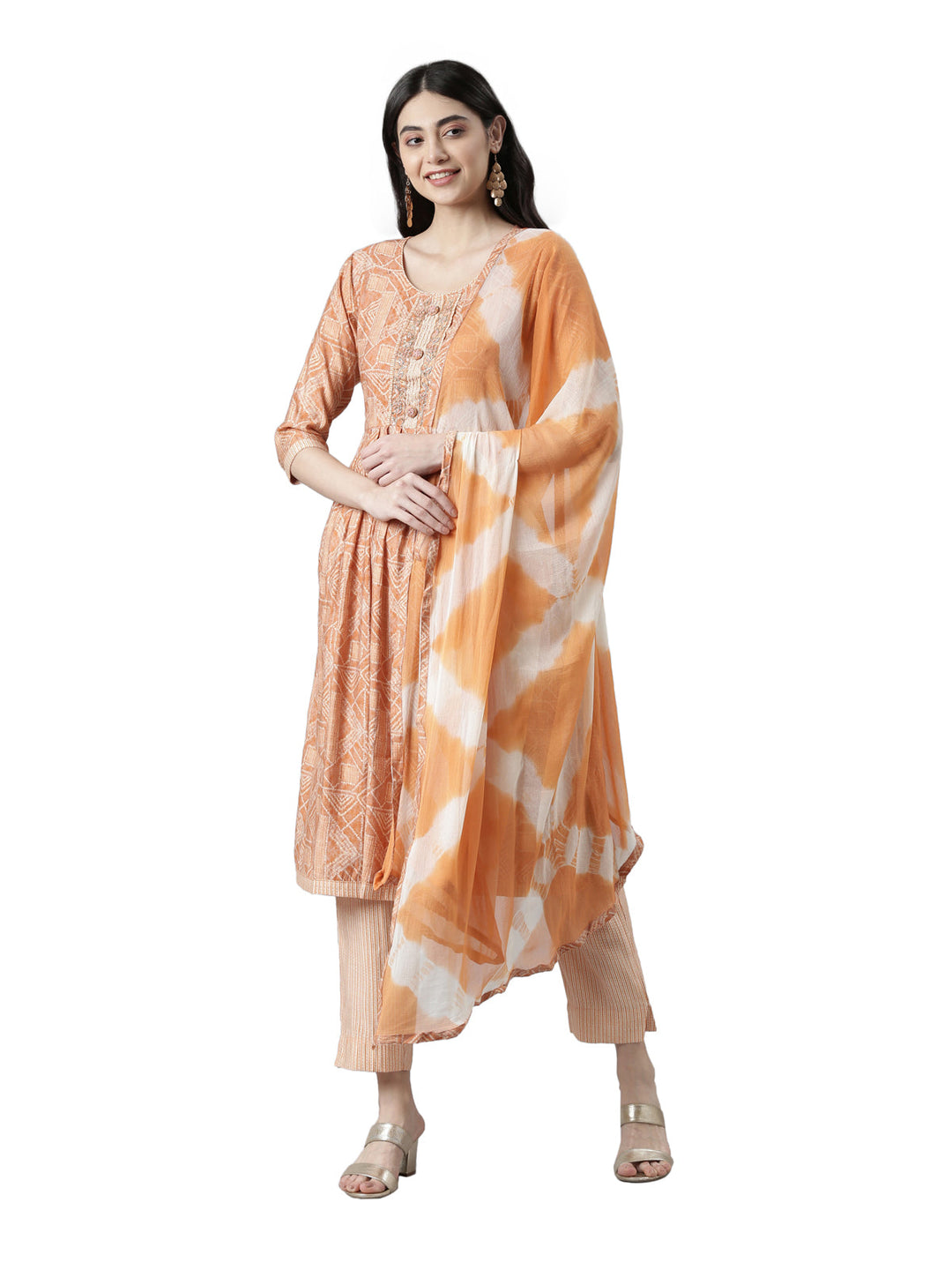Neerus Multi printed pleated suit set with trousers and dupatta - front view