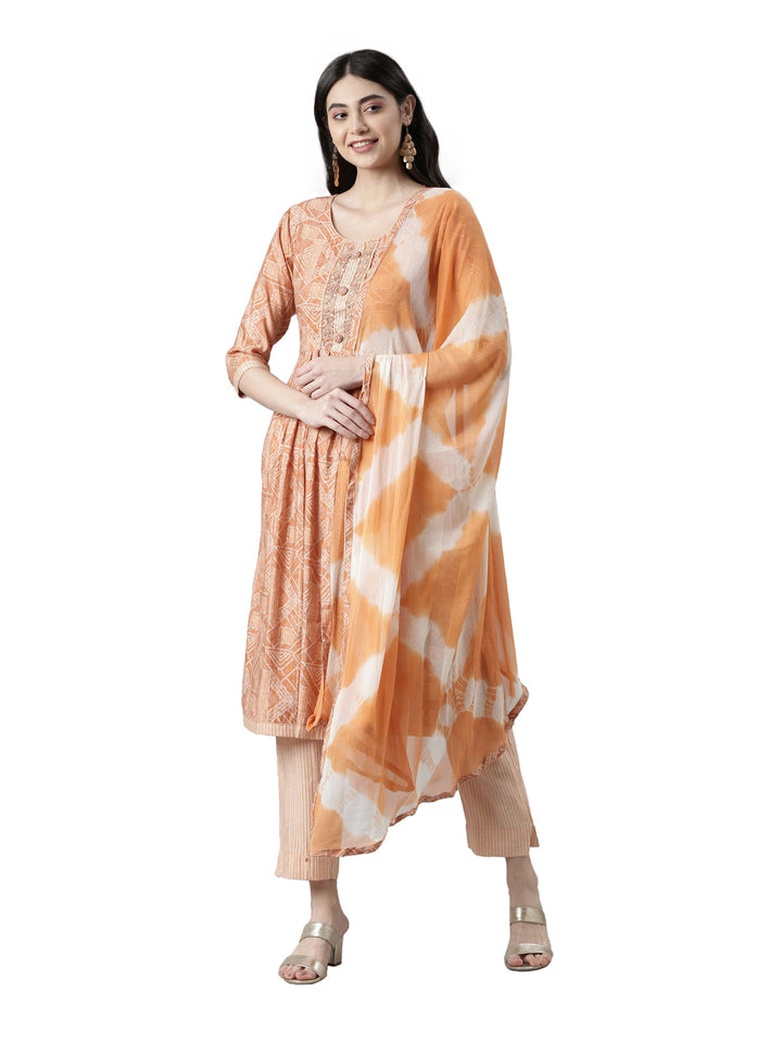 Neerus Multi printed pleated suit set with trousers and dupatta - front view