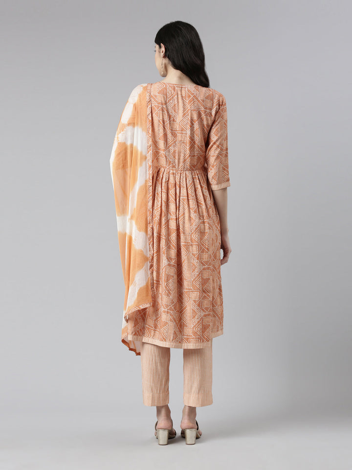 Neerus Multi printed pleated suit set with trousers and dupatta - detail view 1