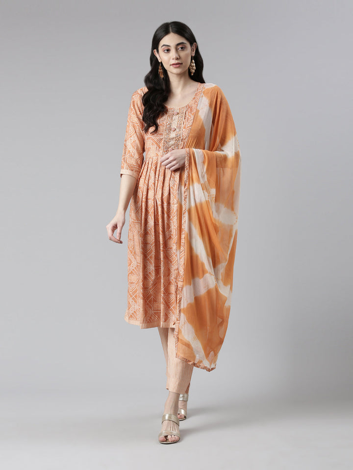 Neerus Multi printed pleated suit set with trousers and dupatta - detail view 3