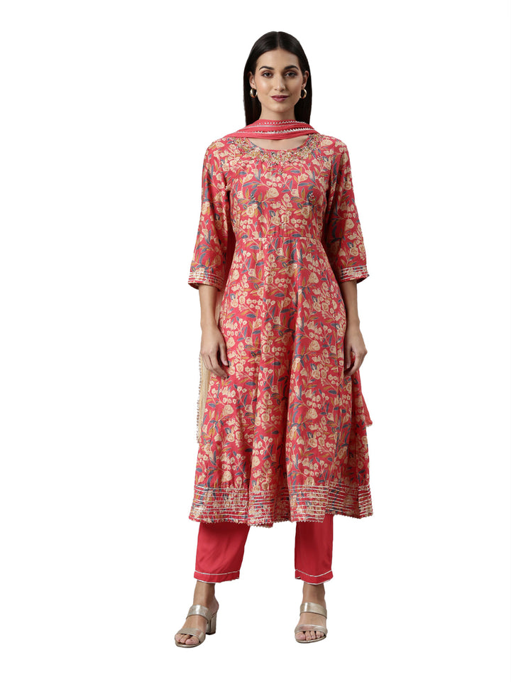 Neerus Red jute cotton printed anarkali kurta set - front view
