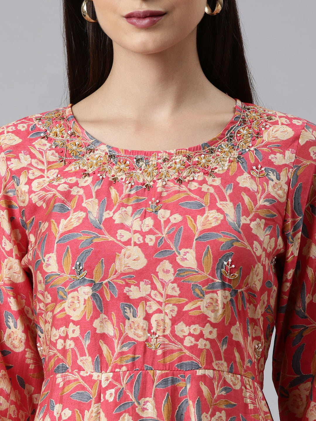 Neerus Red jute cotton printed anarkali kurta set - detail view 1