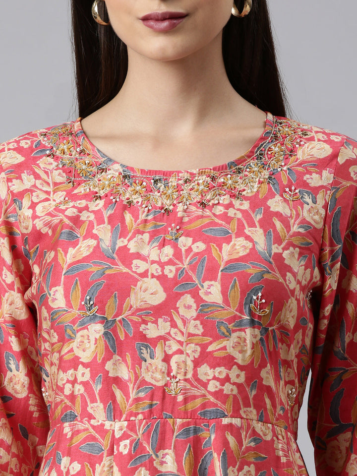 Neerus Red jute cotton printed anarkali kurta set - detail view 1