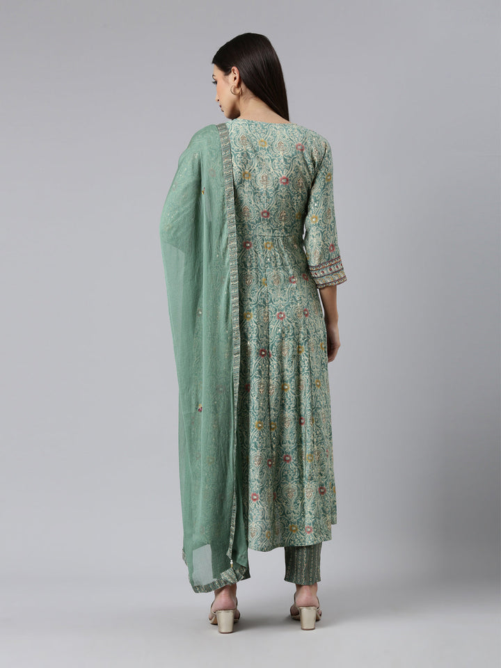 Neerus Green printed kurta set with trousers and dupatta - side view