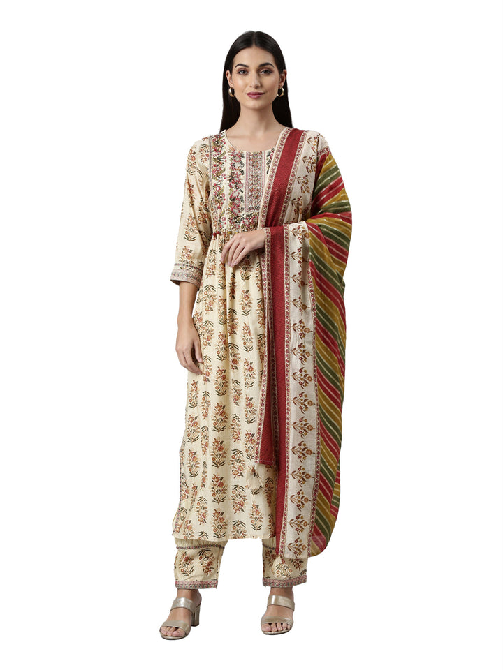 Neerus Beige printed kurta set with trouser and dupatta - front view