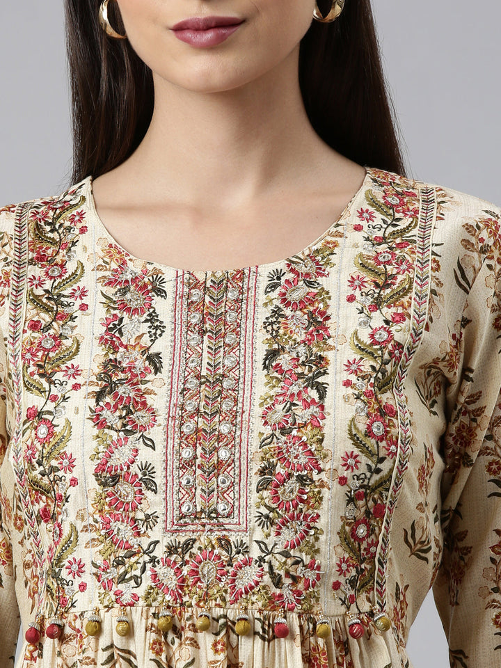 Neerus Beige printed kurta set with trouser and dupatta - detail view 1