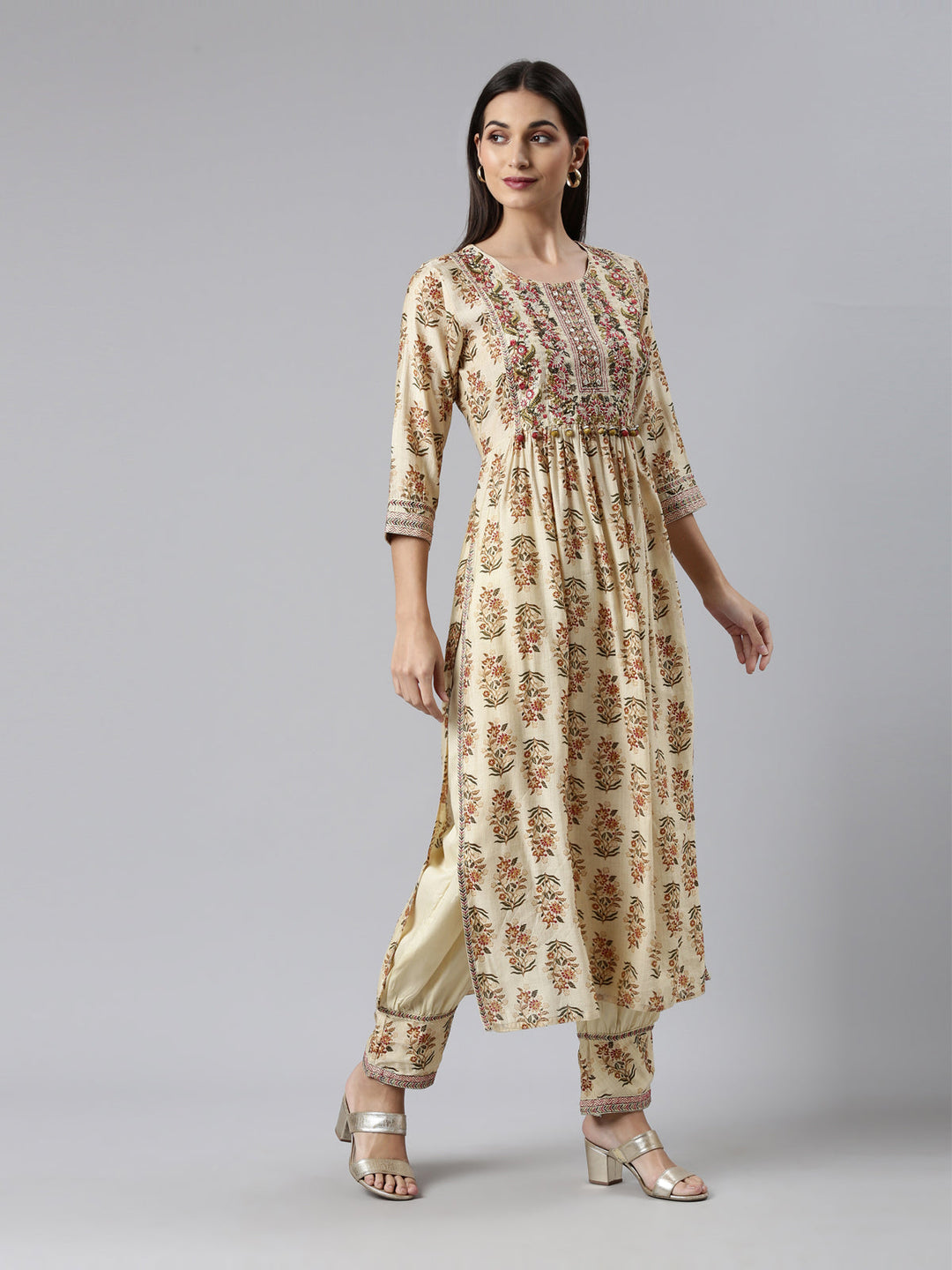 Neerus Beige printed kurta set with trouser and dupatta - back view