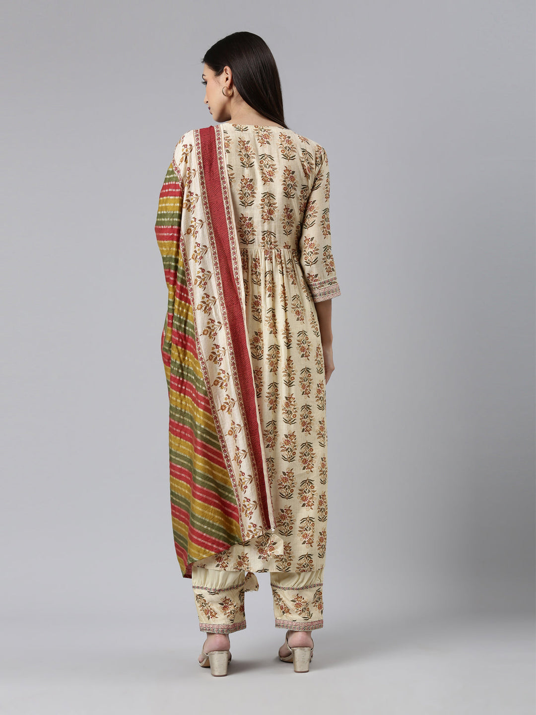 Neerus Beige printed kurta set with trouser and dupatta - side view