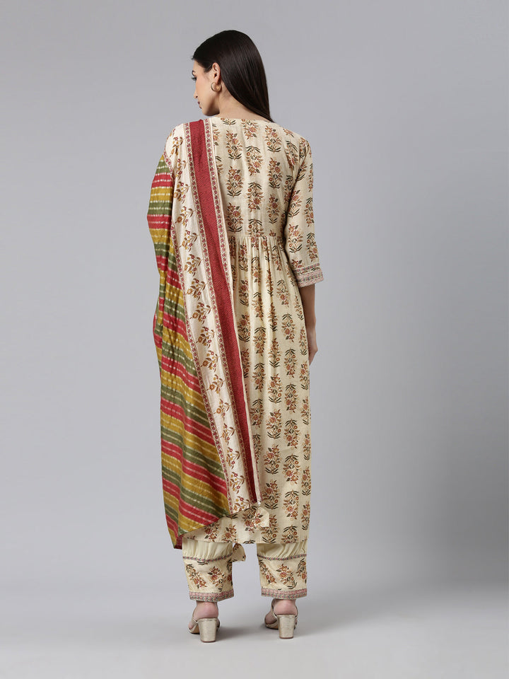 Neerus Beige printed kurta set with trouser and dupatta - side view