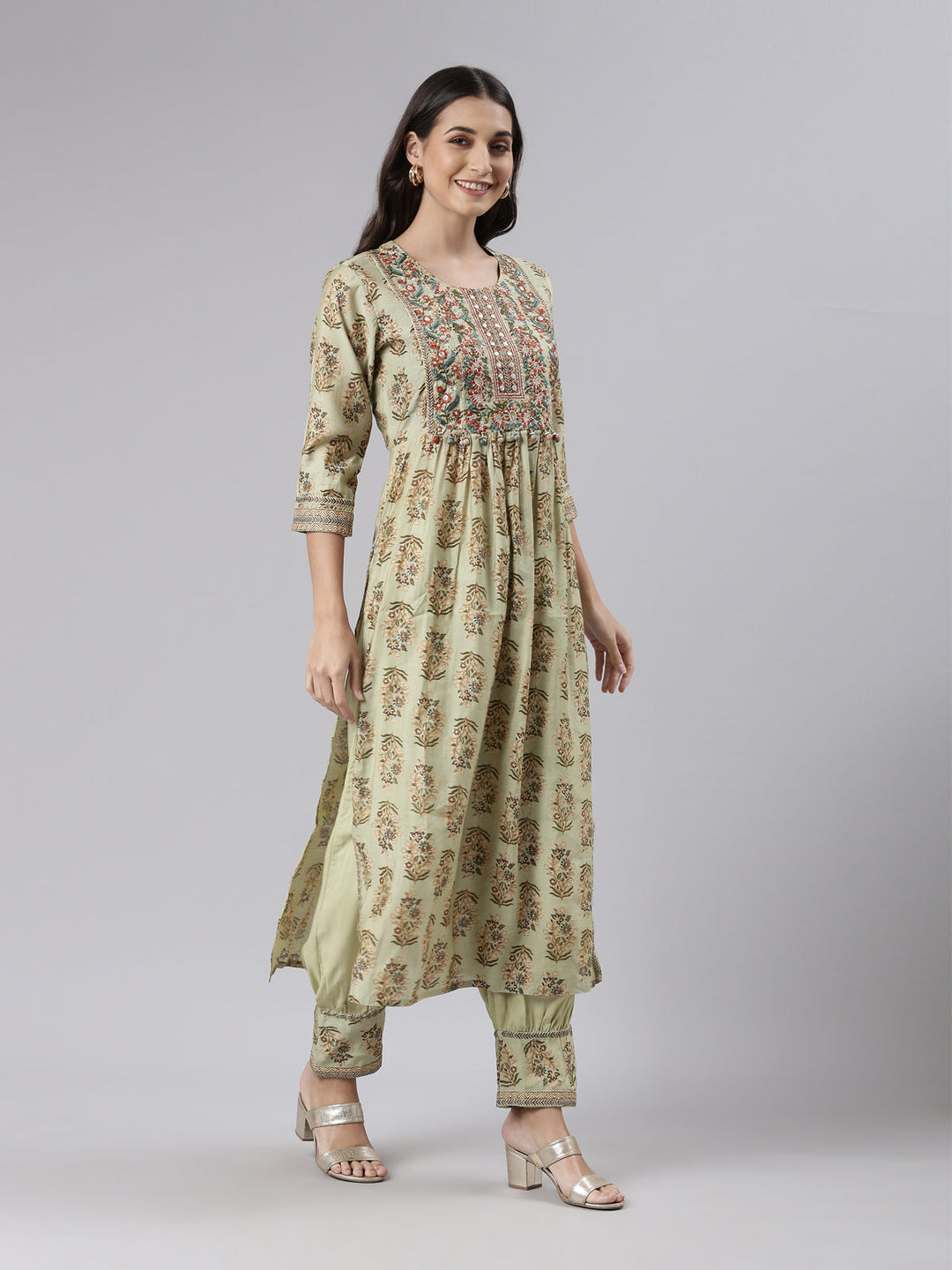 Neerus Green printed kurta set with trouser and dupatta - back view