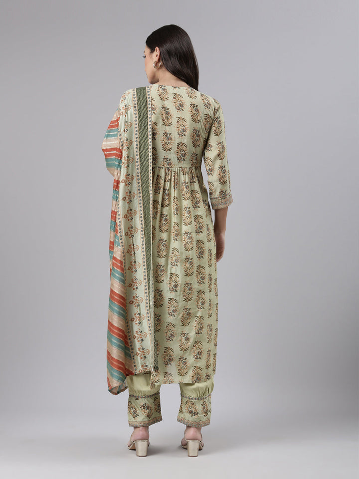 Neerus Green printed kurta set with trouser and dupatta - side view