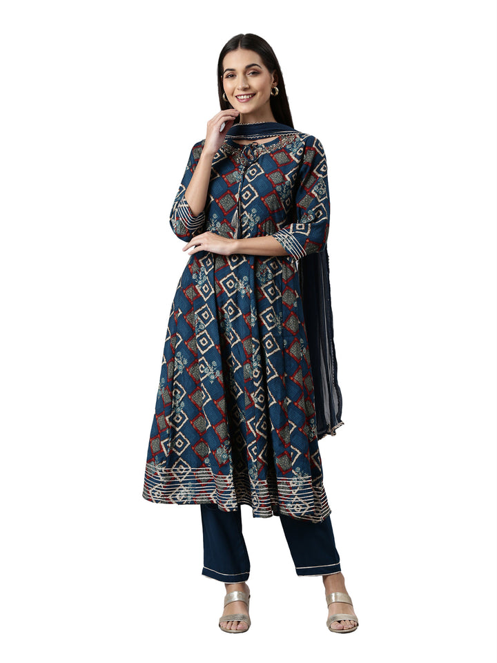 Neerus Blue cotton printed suit set A-Line with dupatta - front view