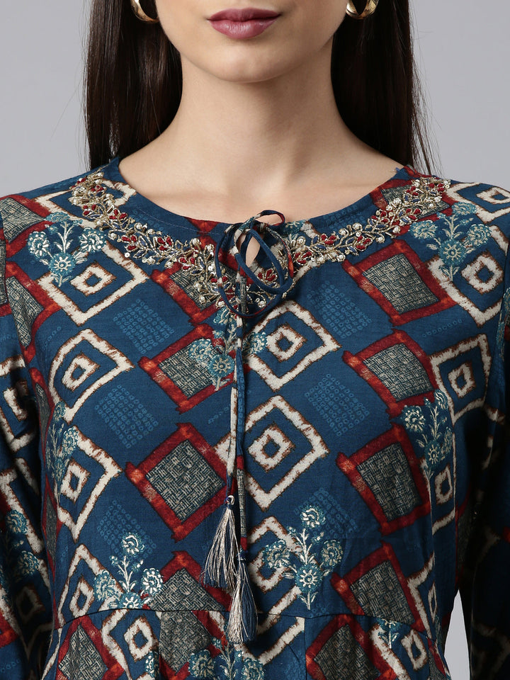 Neerus Blue cotton printed suit set A-Line with dupatta - detail view 1