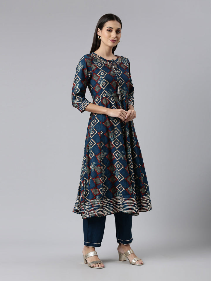 Neerus Blue cotton printed suit set A-Line with dupatta - back view