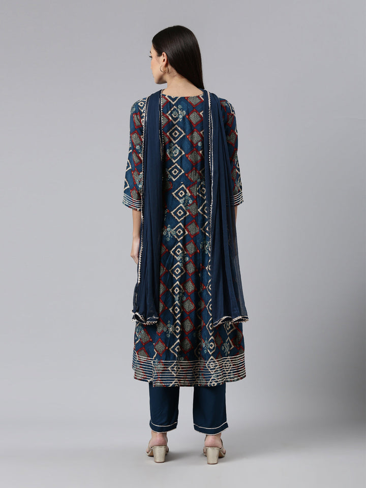 Neerus Blue cotton printed suit set A-Line with dupatta - side view