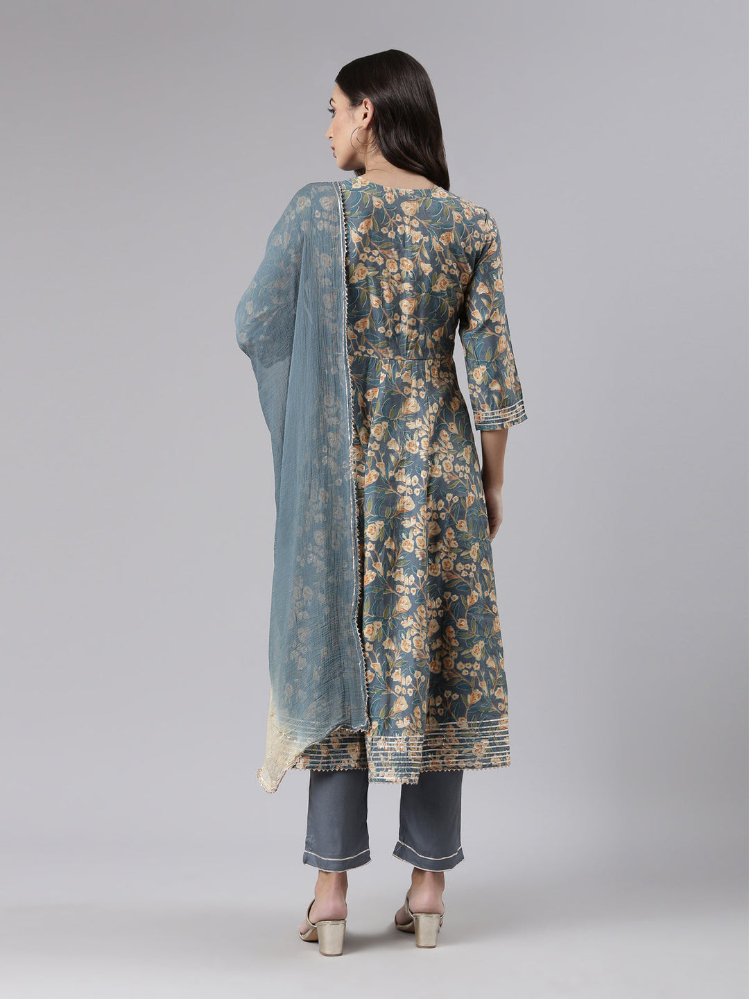 Neerus Grey printed kurta set with trousers and dupatta - side view