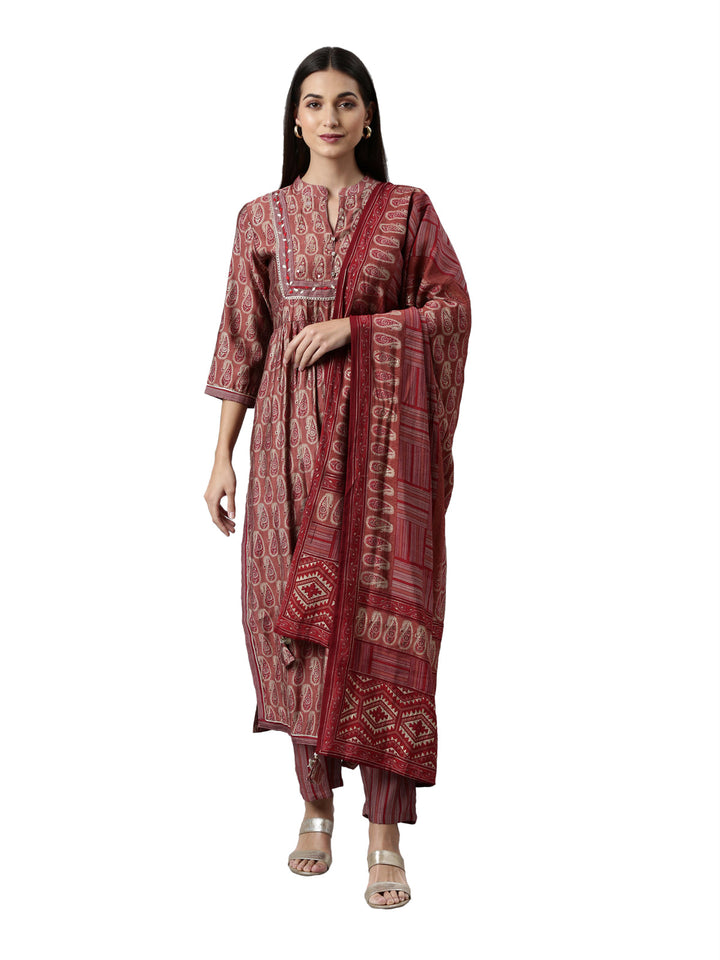 Neerus Maroon cotton printed kurta set with trouser and dupatta - front view