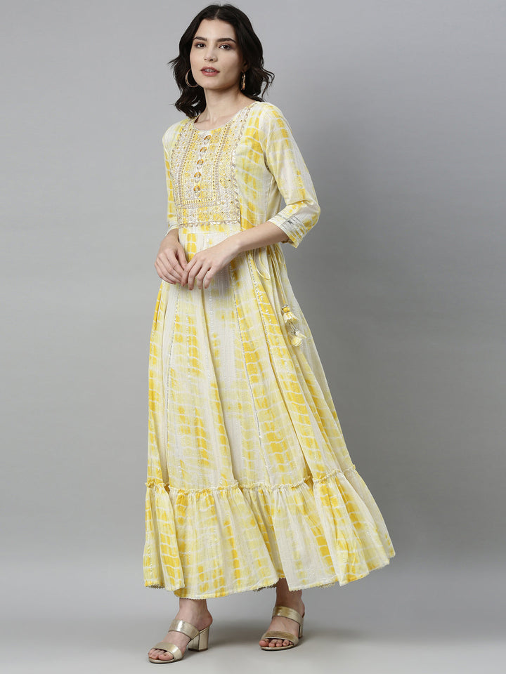 Neerus Yellow satin thread embroidered anarkali kurta - back view