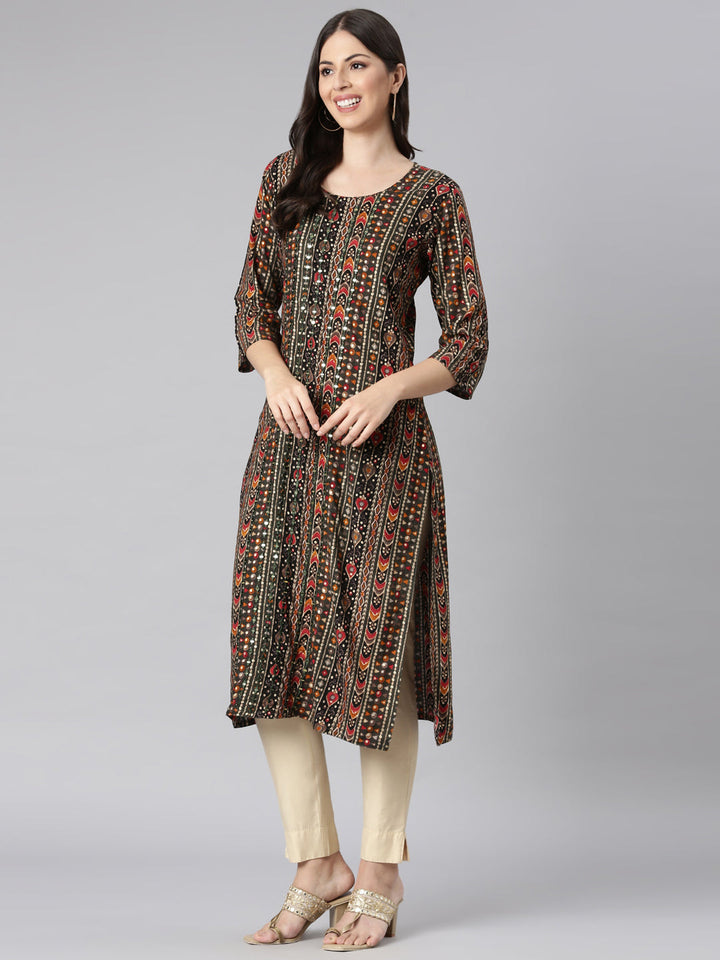 Neerus Green Casual Tribal Straight Kurtas