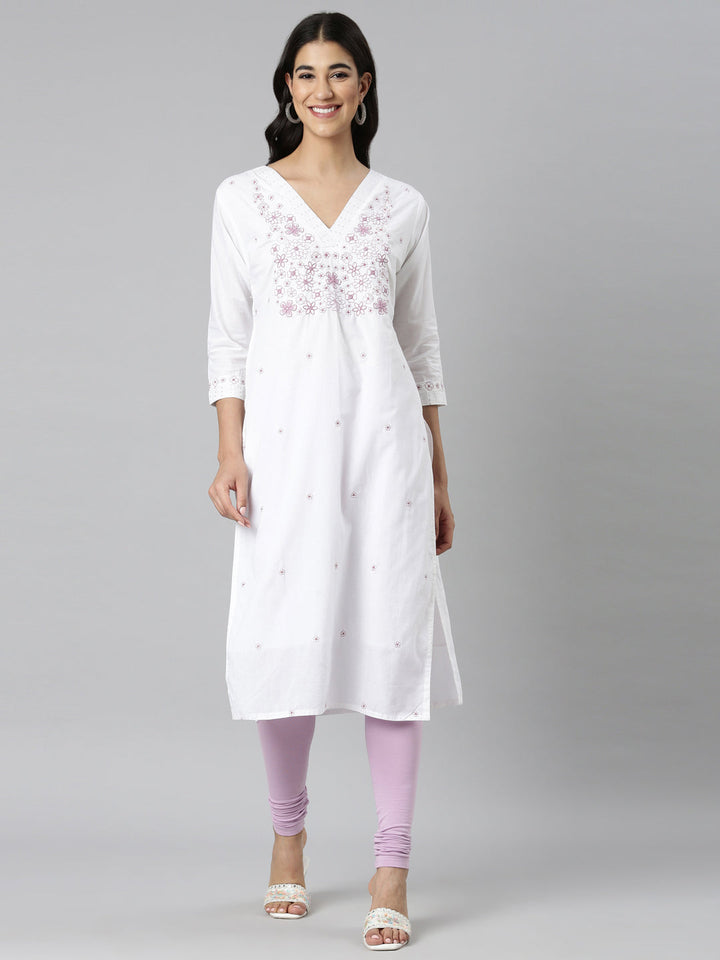 Neerus White Casual Solid Straight Kurtas
