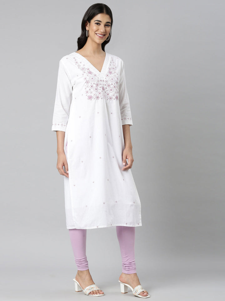 Neerus White Casual Solid Straight Kurtas