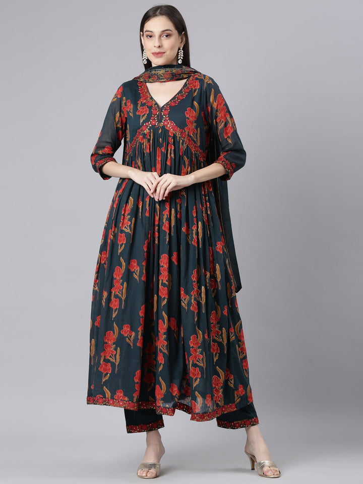 Neerus Green Printed Anarkali Kurta and Trousers With Dupatta