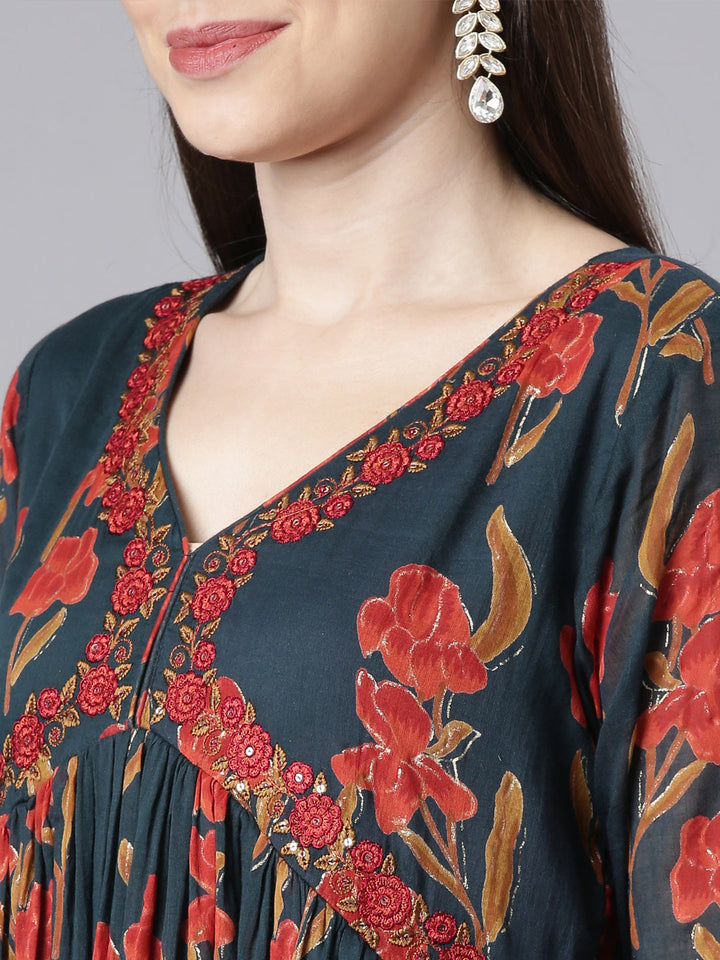 Neerus Green Printed Anarkali Kurta and Trousers With Dupatta