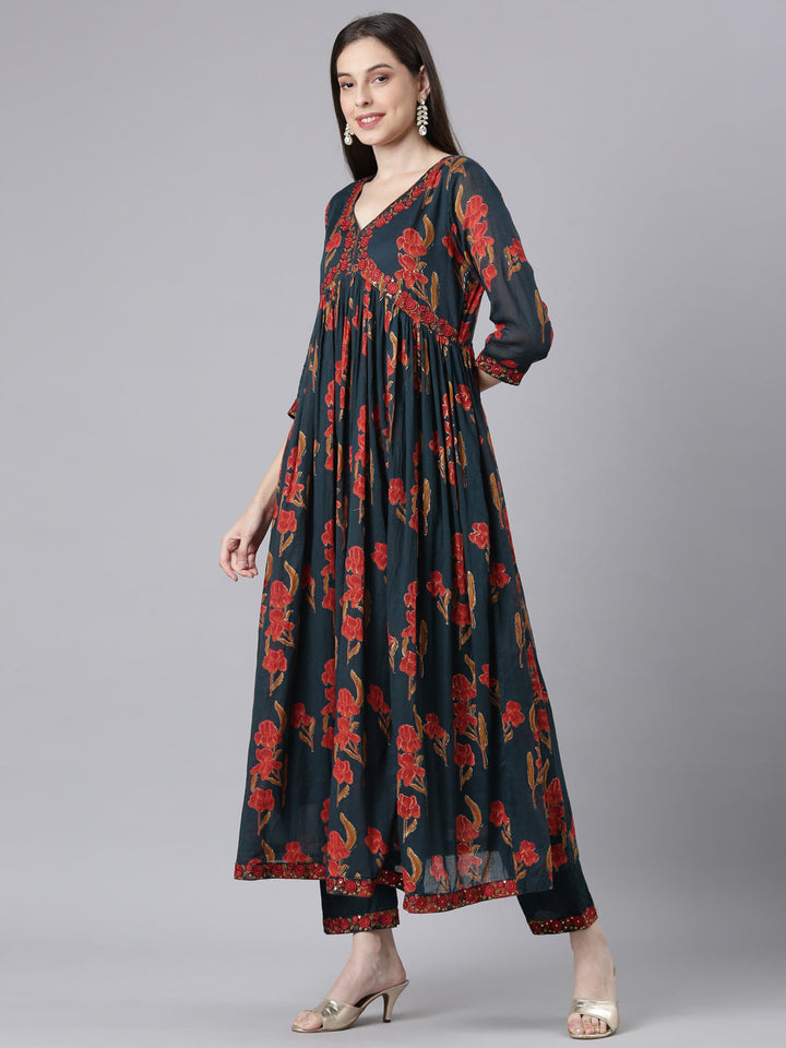 Neerus Green Printed Anarkali Kurta and Trousers With Dupatta