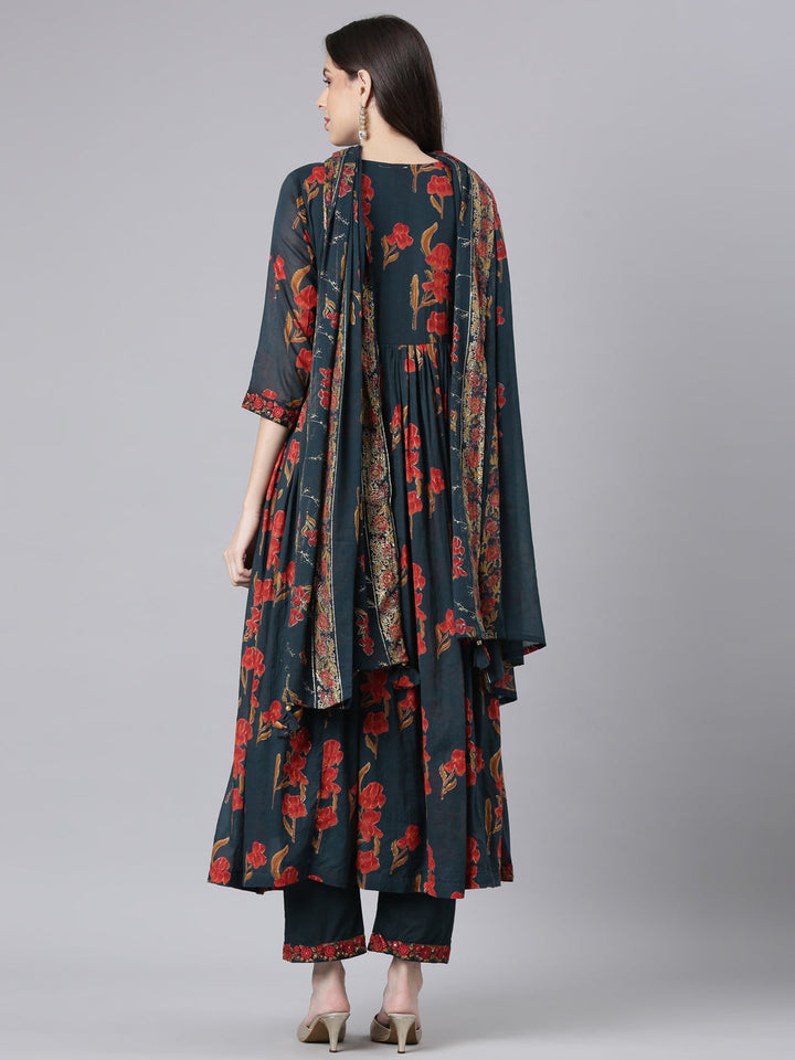 Neerus Green Printed Anarkali Kurta and Trousers With Dupatta