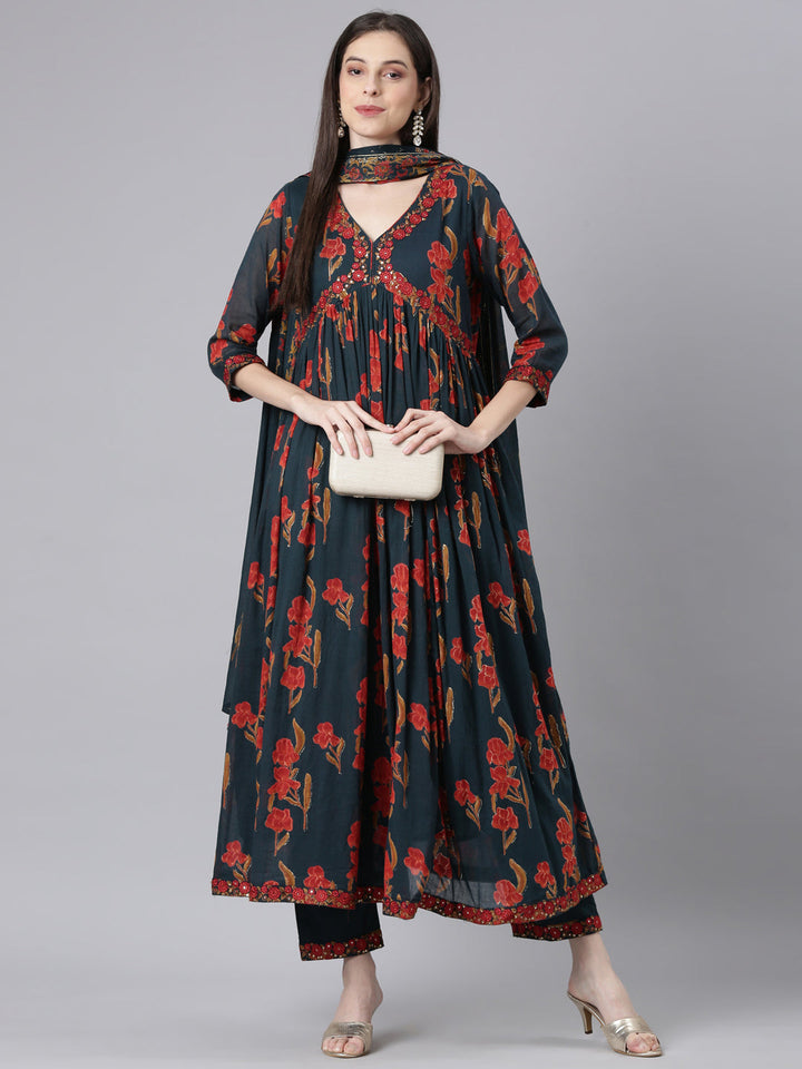 Neerus Green Printed Anarkali Kurta and Trousers With Dupatta