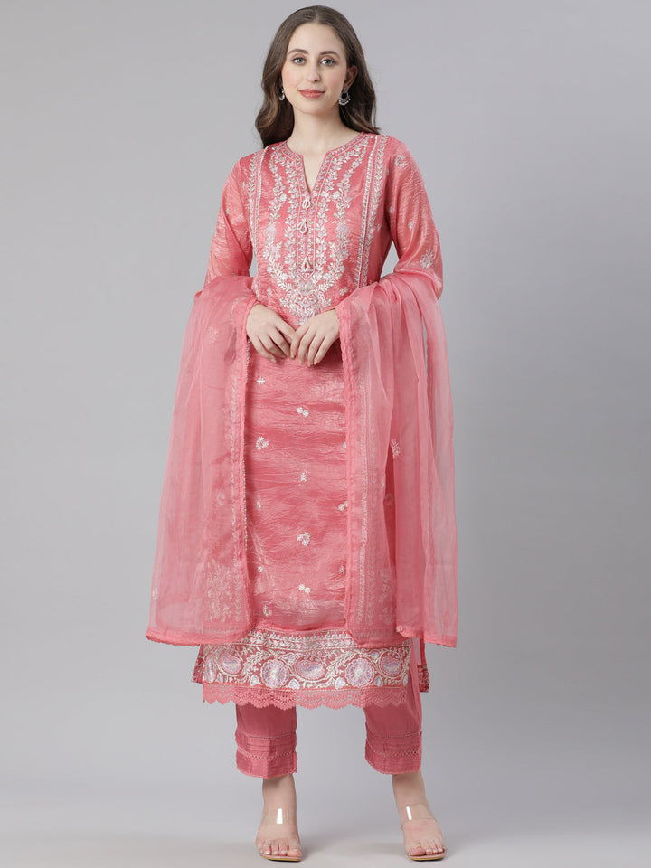 Neerus Orange organza embroidered suit set - front view